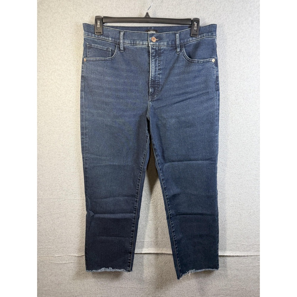 Express Jeans Womens 14R Blue High Rise Straight Ankle Raw Hem Stretch Denim